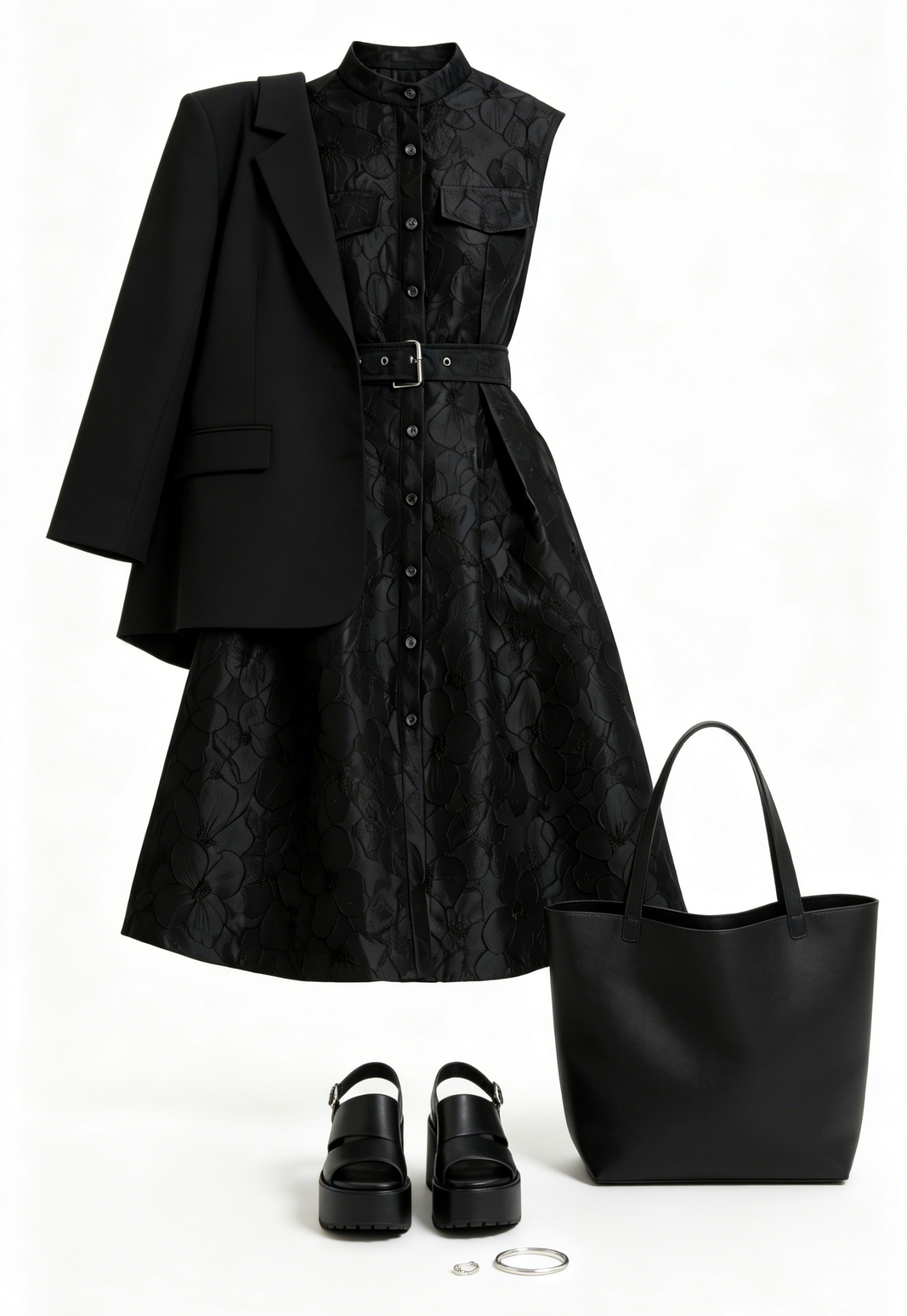 Black Jacquard Button Up Midi Dress With Belts - LAI MENG FIVE CATS