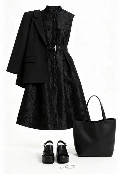 Black Jacquard Button Up Midi Dress With Belts - LAI MENG FIVE CATS