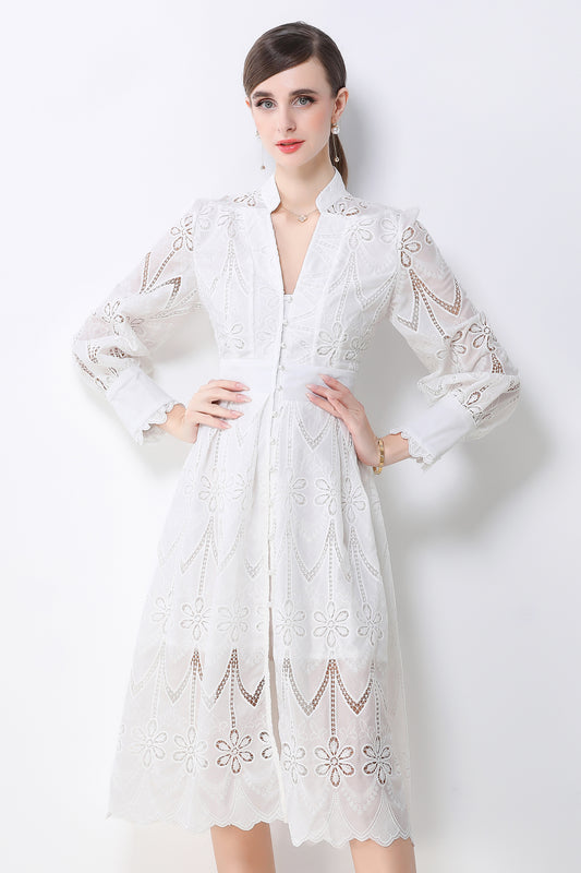 Women's V-Neck Long Sleeve Hollow Out Lace Midi Dress