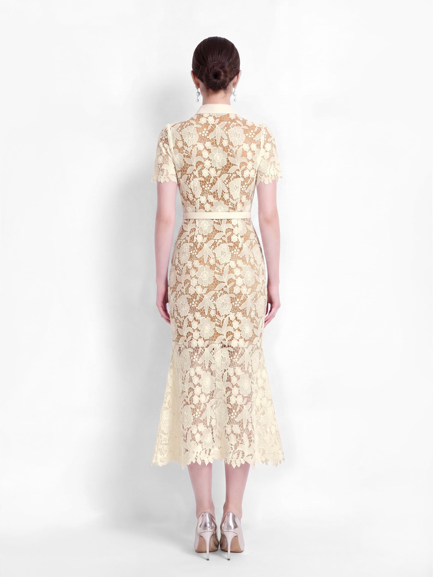 Butter Yellow Tie Neck Lace Button Up Midi Dress