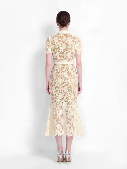 Butter Yellow Tie Neck Lace Button Up Midi Dress