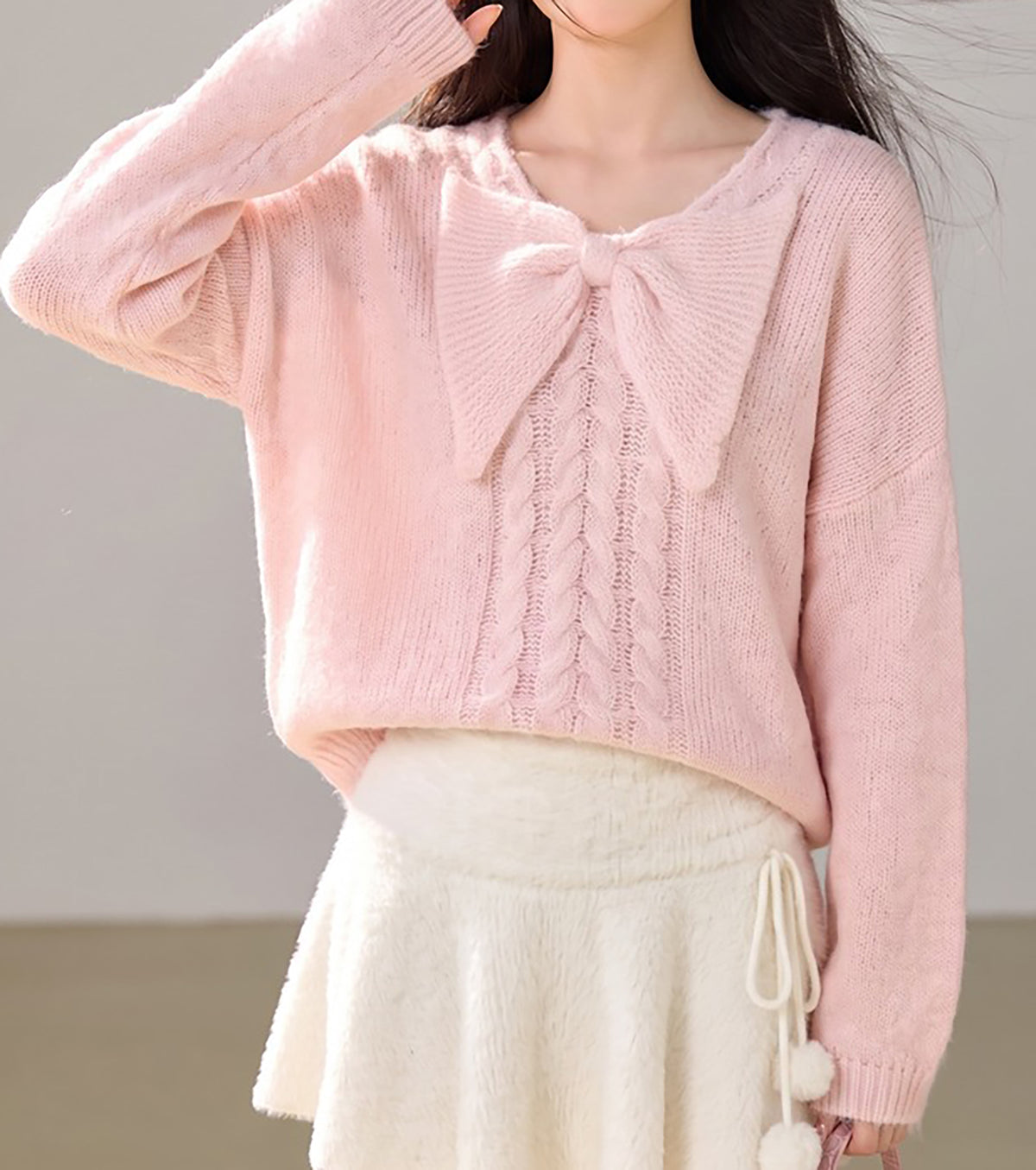 28731 Bow Detail Cable Knit Sweater – Pink & Apricot