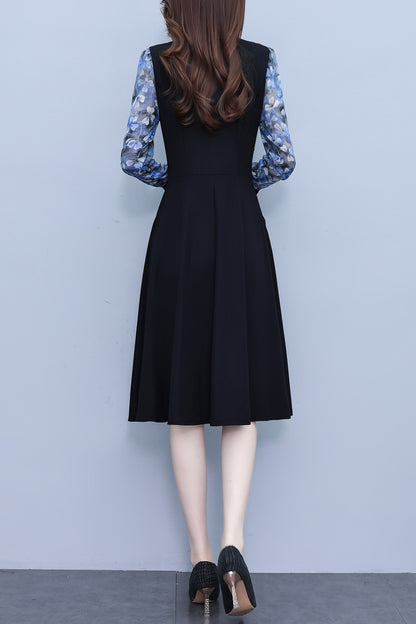 Women's V-Neck Long Sleeve Patchwork Black Dress