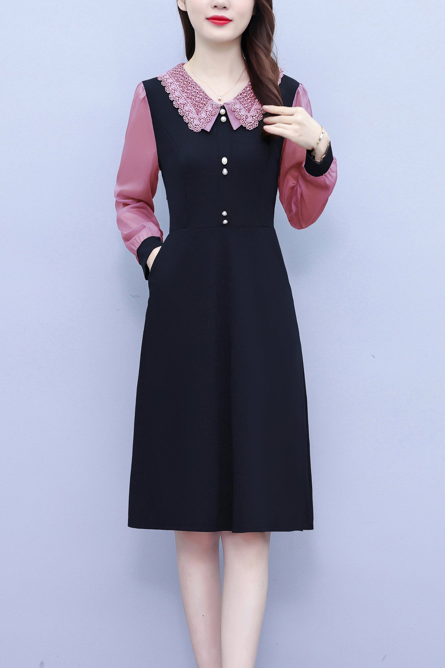 Women's Peter Pan Collar Long Sleeve Pocket Midi Dress