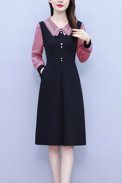 Women's Peter Pan Collar Long Sleeve Pocket Midi Dress
