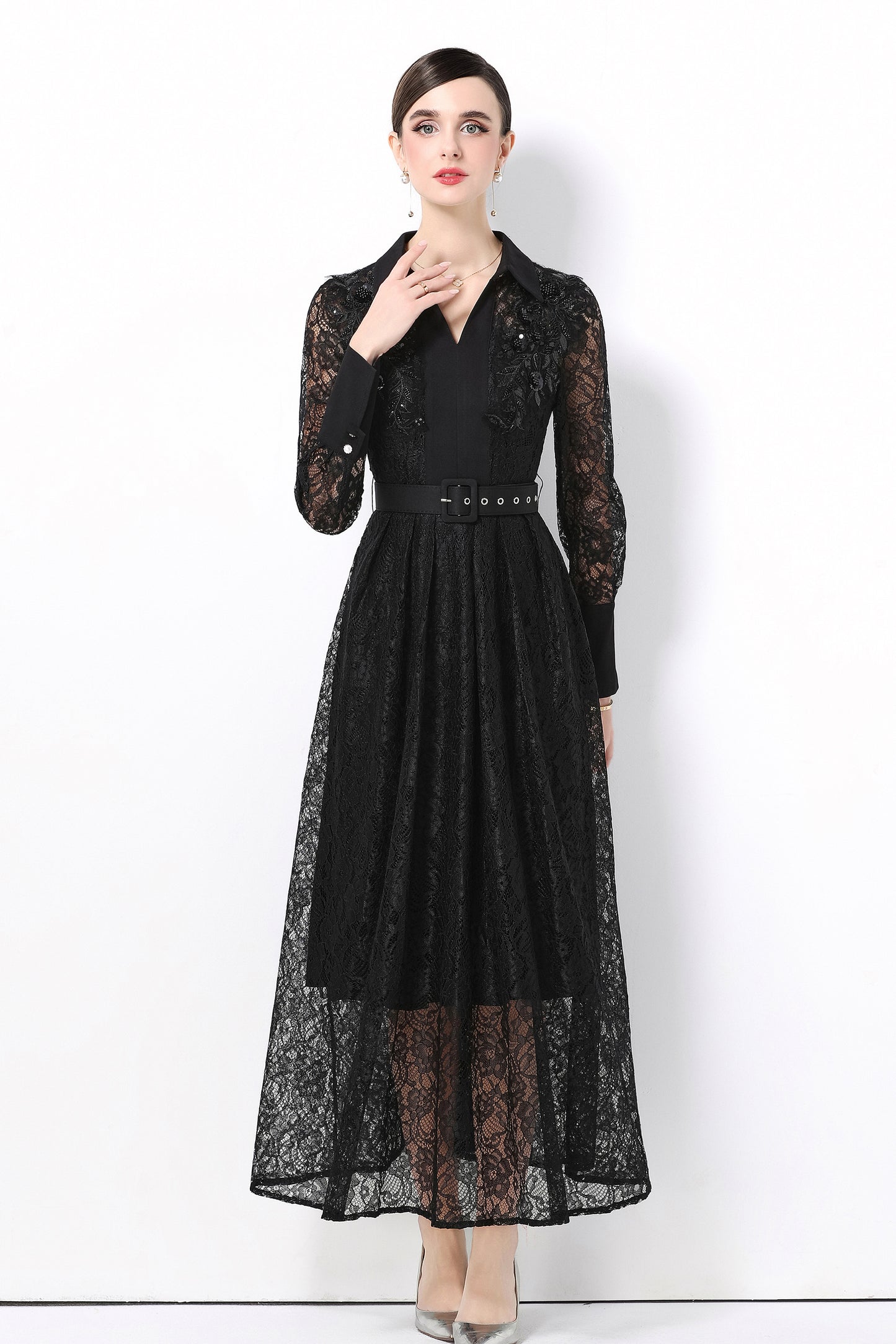 Women's Polo Collar Long Sleeve Lace Maxi Dress