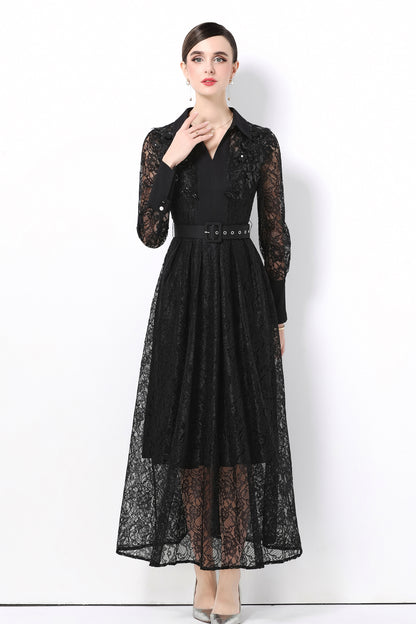 Women's Polo Collar Long Sleeve Lace Maxi Dress