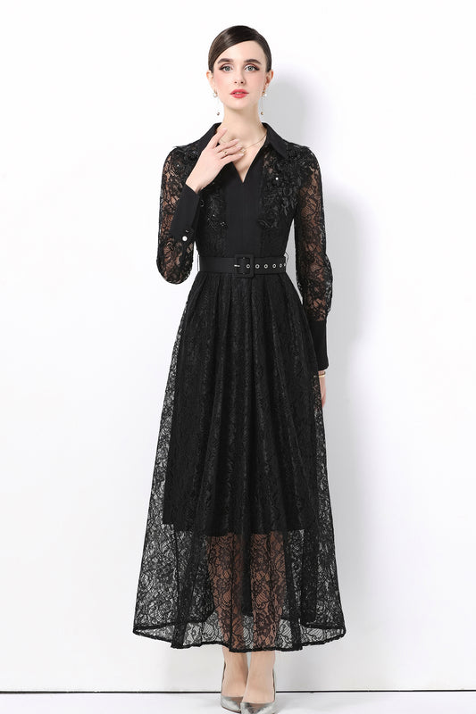 Women's Polo Collar Long Sleeve Lace Maxi Dress