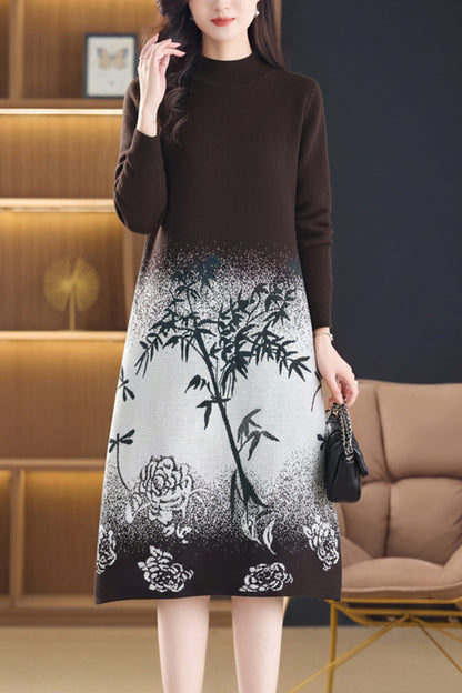Women's Fashion Print Knit Pullover Sweater Midi Dress