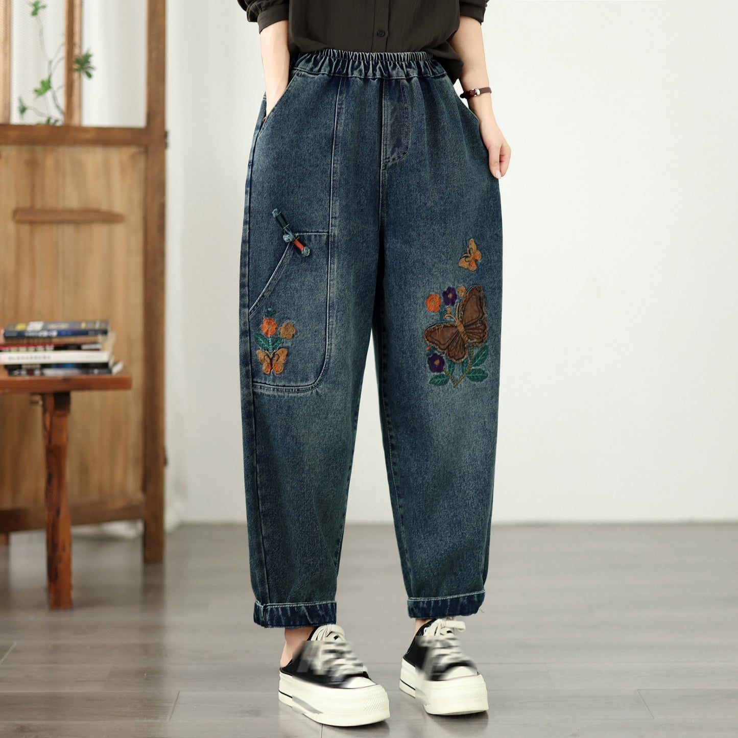 Vintage Embroidered Denim Harem Pants with Elastic Waist