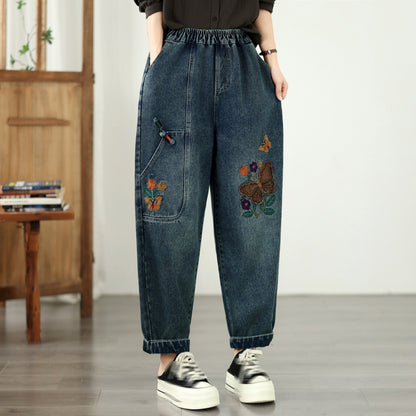 Vintage Embroidered Denim Harem Pants with Elastic Waist