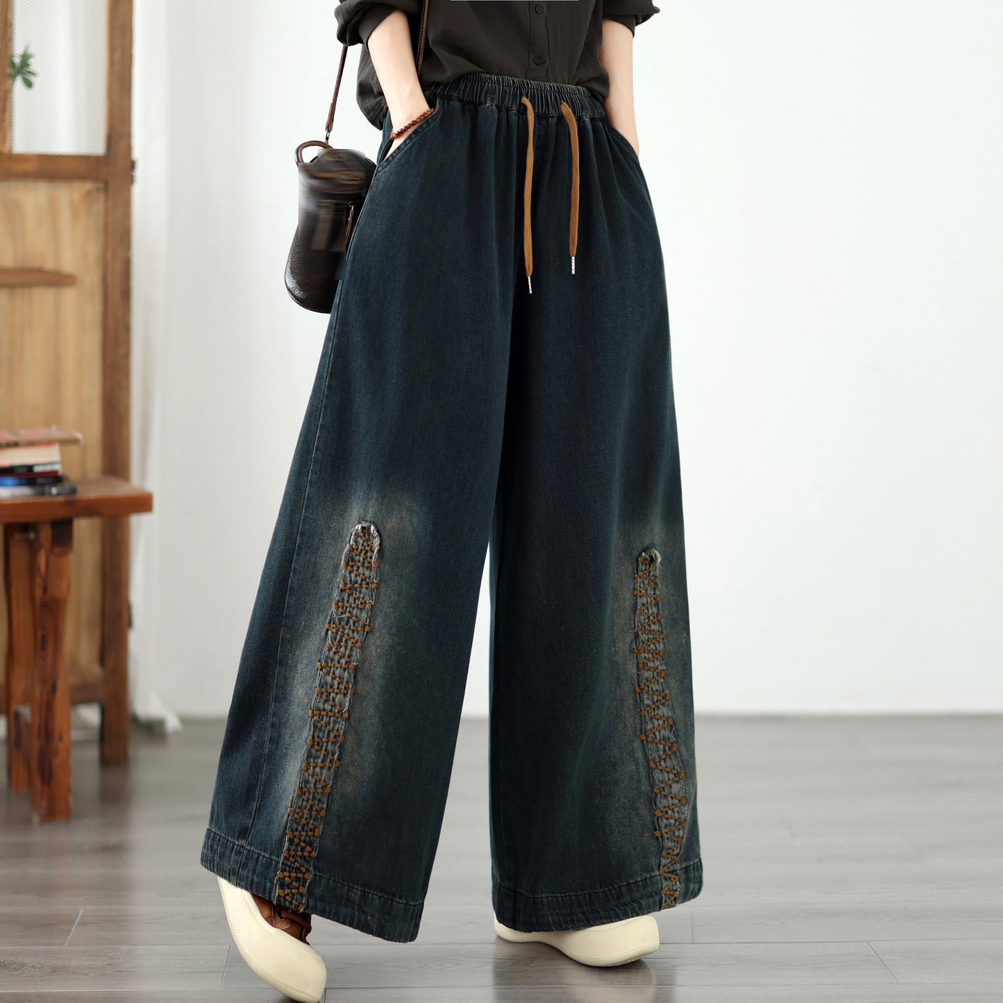 Vintage Washed Wide-Leg Jeans with Boho Embroidery
