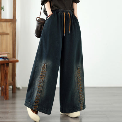 Vintage Washed Wide-Leg Jeans with Boho Embroidery