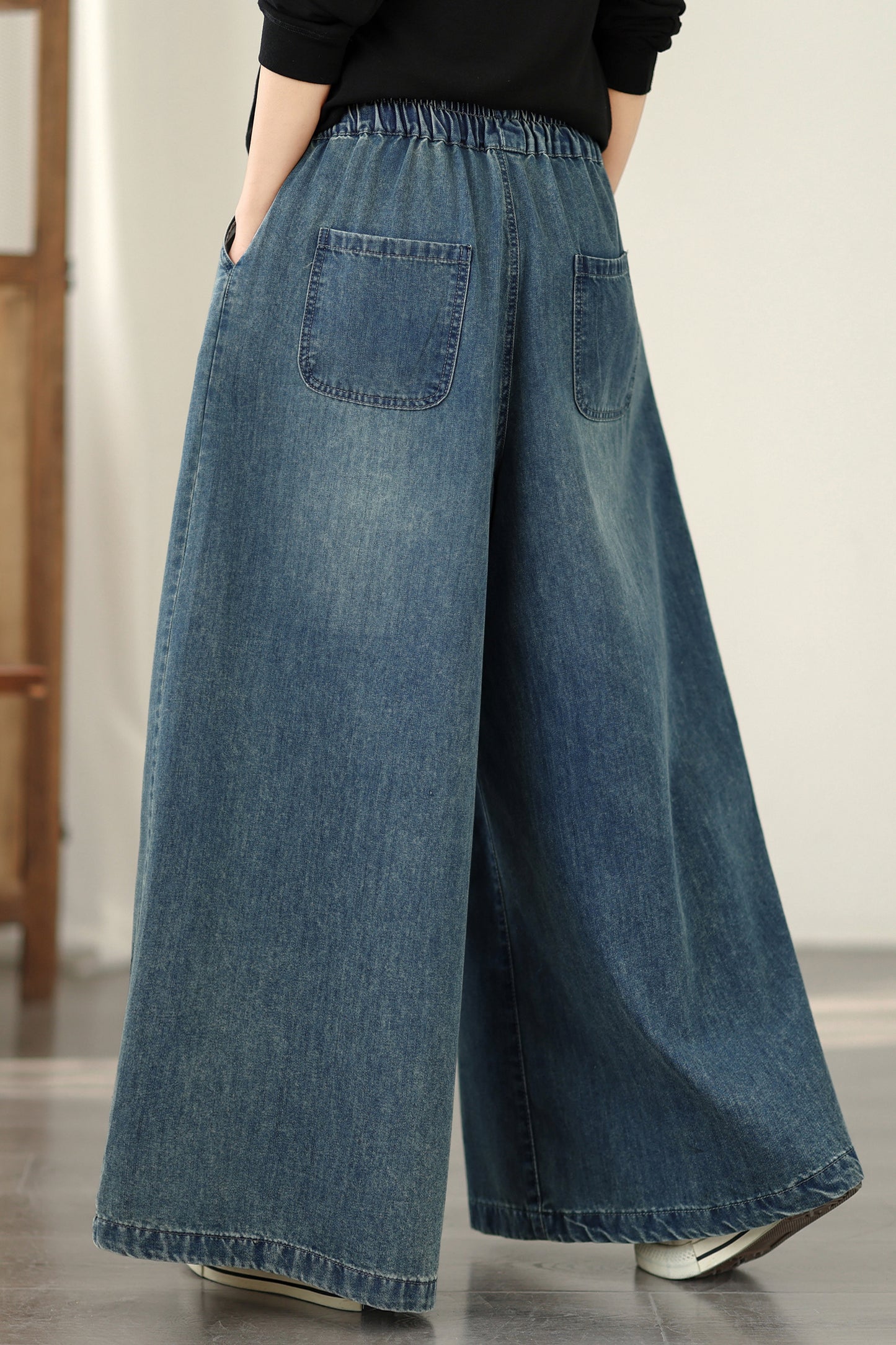 Women's Baggy Jeans Embroidery Elastic Waist Denim Pants