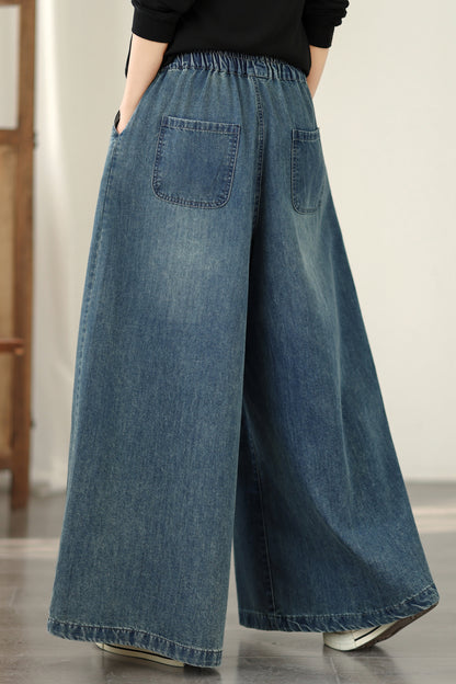 Women's Baggy Jeans Embroidery Elastic Waist Denim Pants