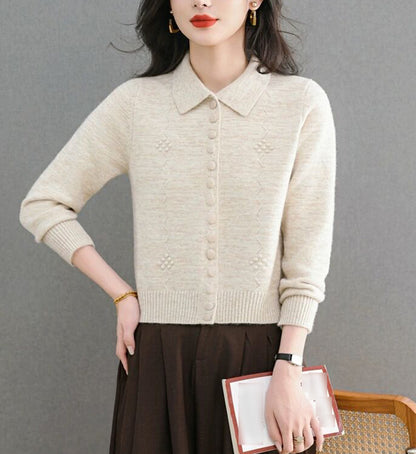 Textured Knit Zip-Up Cardigan Polo Collar Cropped Outerwear