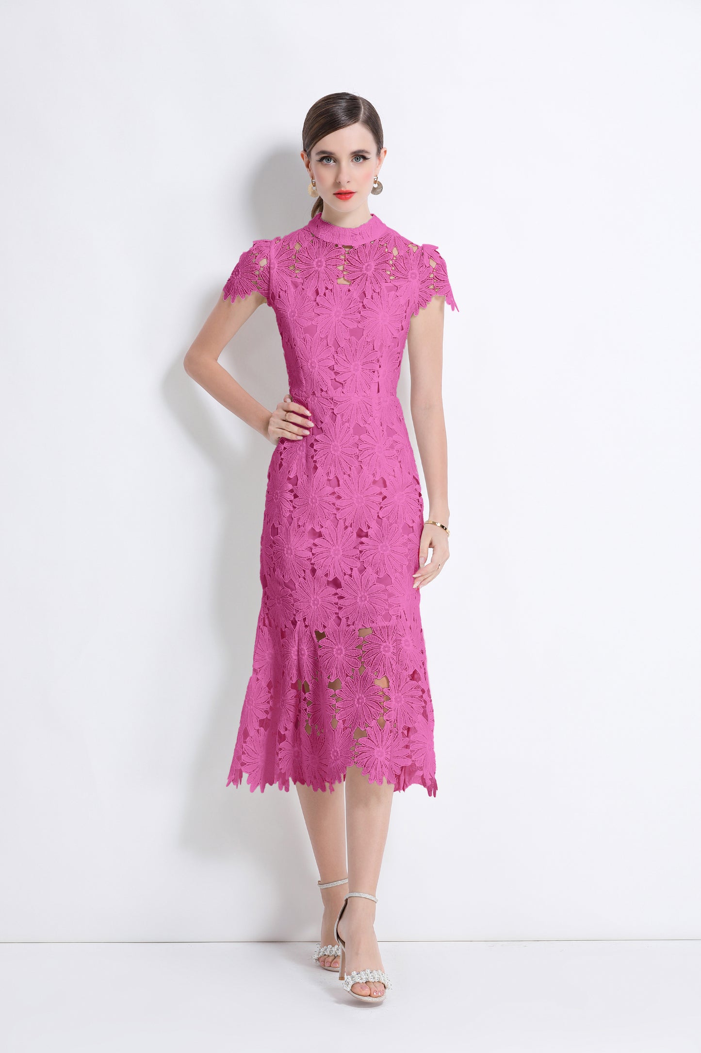 Women Hollow Out Lace Floral Fishtail Midi Dress