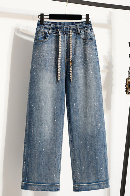26-Women's Jeans Elastic Waist Baggy Wide Leg Denim