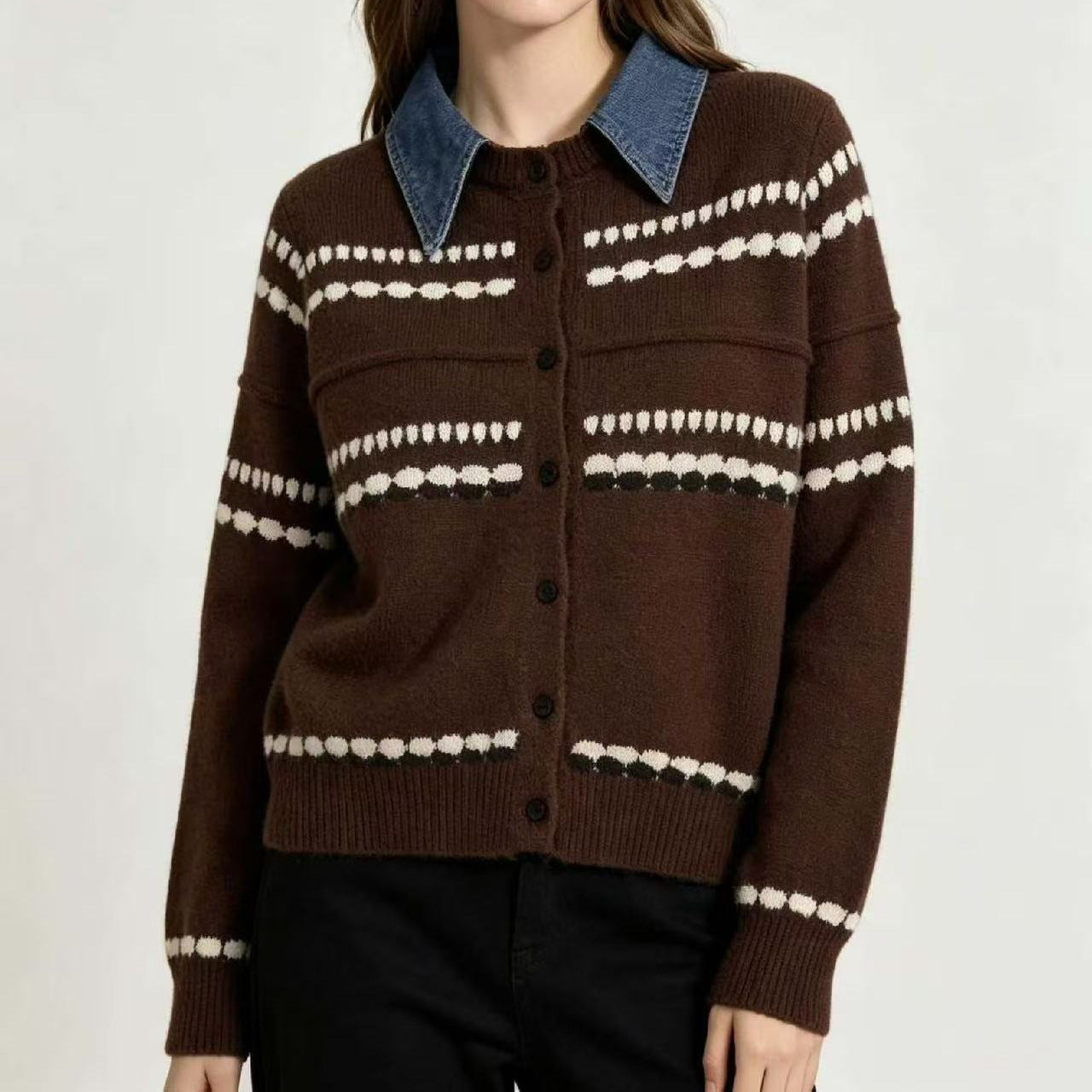 Denim Collar Striped Knit Cardigan Long Sleeve Casual Sweater