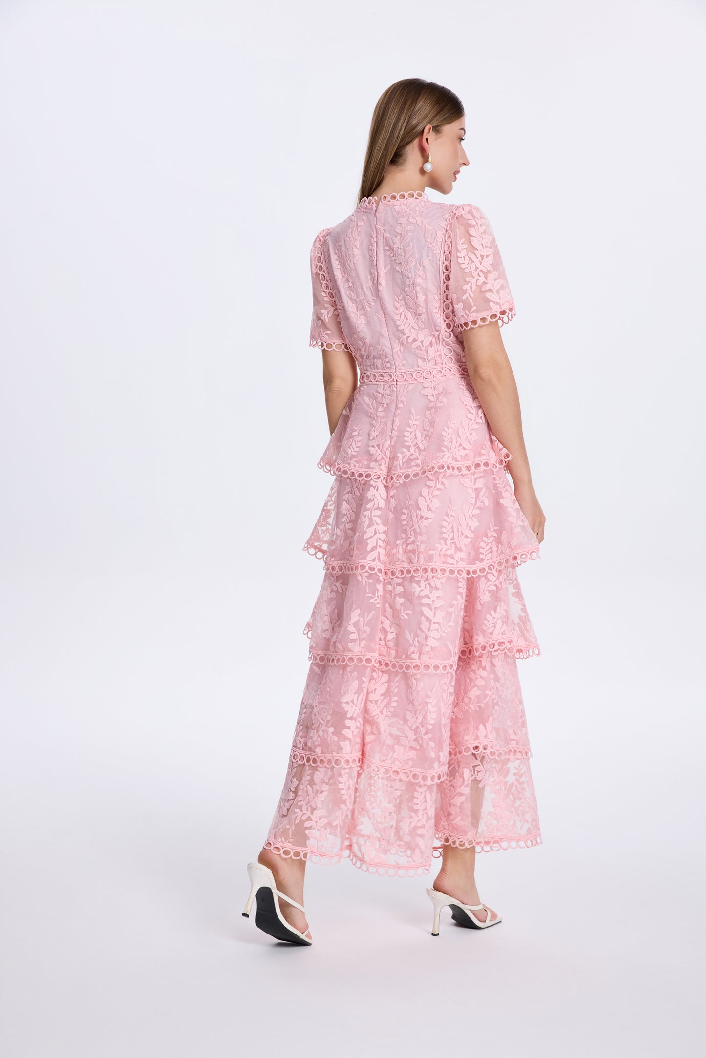 Embroidered Mesh Short Sleeve Tiered Layed Maxi Dress