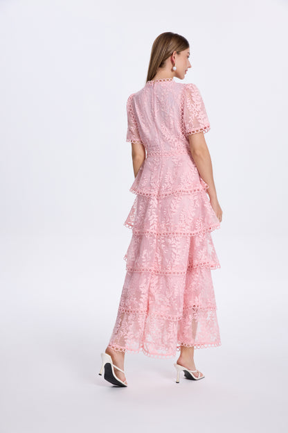 Embroidered Mesh Short Sleeve Tiered Layed Maxi Dress