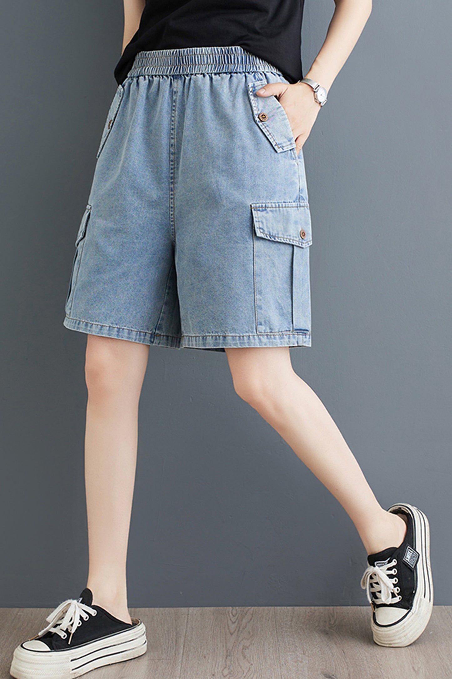 Women's High Waisted Baggy Jean Wide Leg Denim Shorts - LAI MENG FIVE CATS