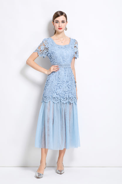 Elegant Feminine Blue Square Collar Lace&Mesh Midi Dress