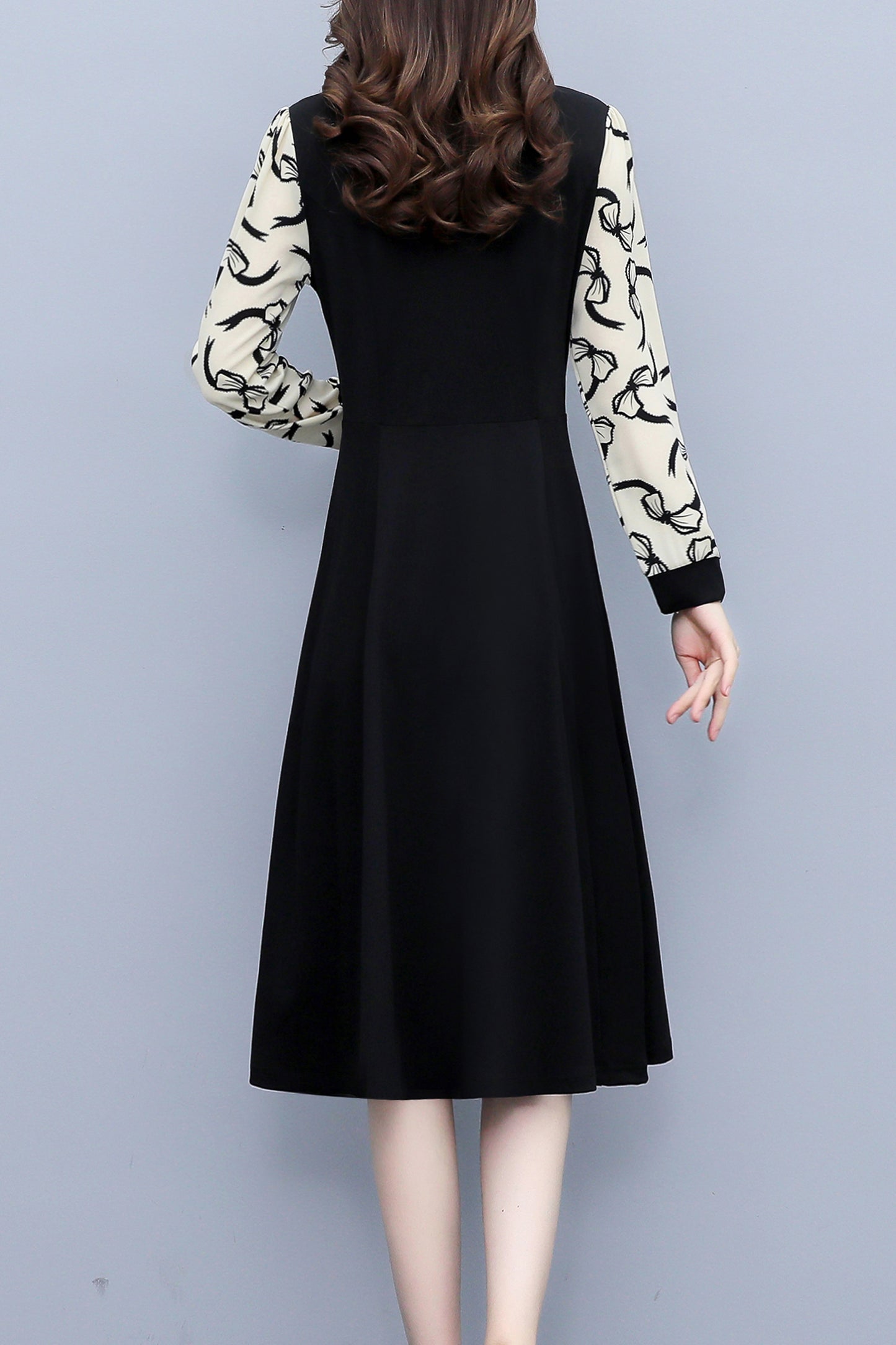 Women's Elegant Tie Neck Long Sleeve Black Dress - LAI MENG FIVE CATS