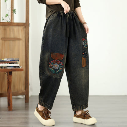 Retro Boho Patchwork Floral Print Denim Harem Pants