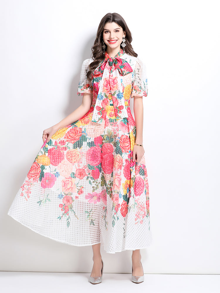 Oil painting flower print A-line dress