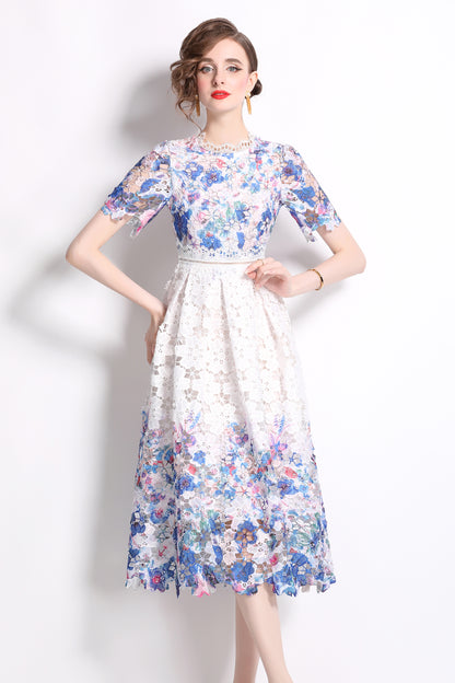 Women's Lace Floral Crochet Waist Midi Dress