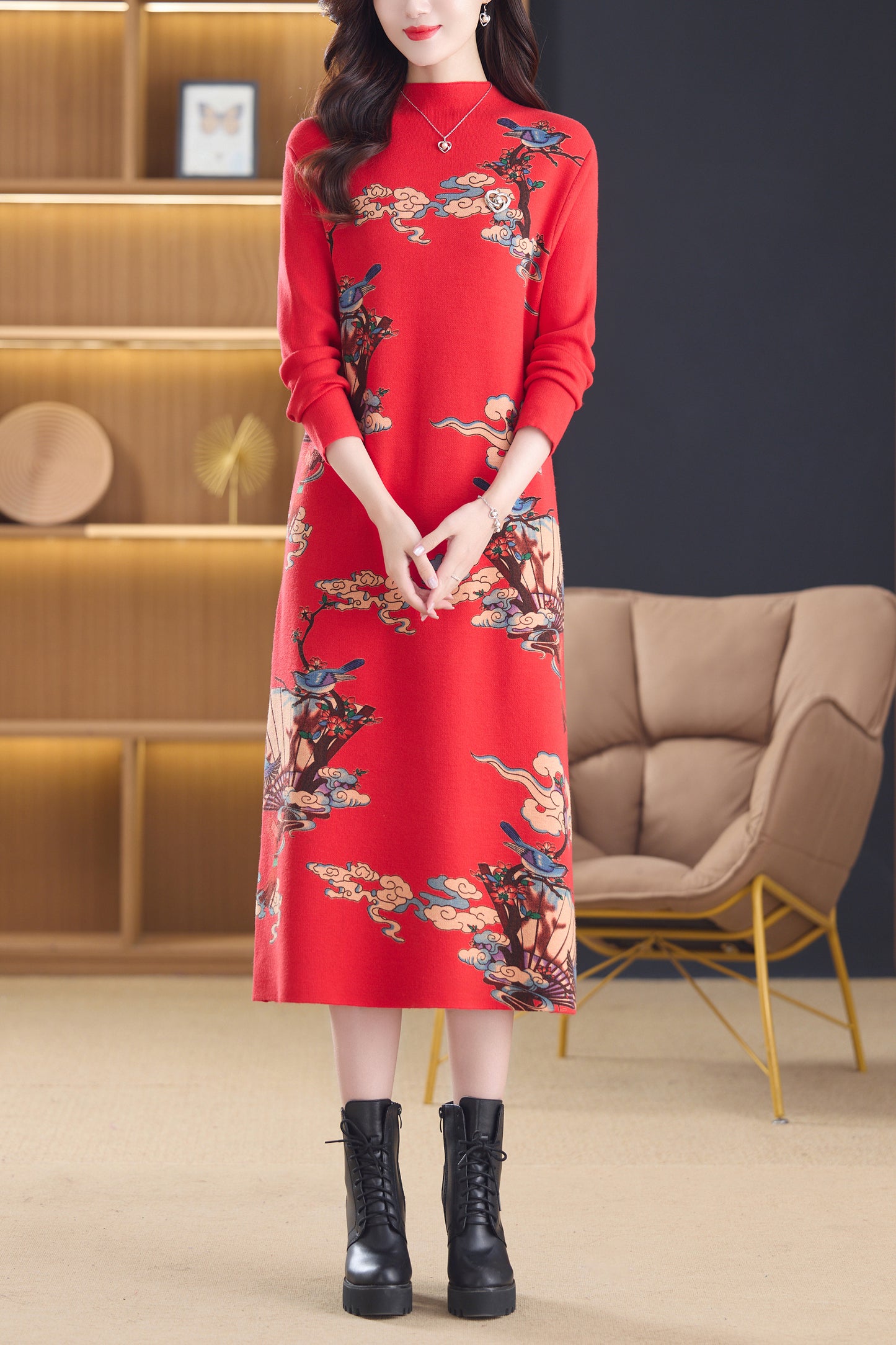 Women's Turtleneck Sweater Long Sleeve Red Dress