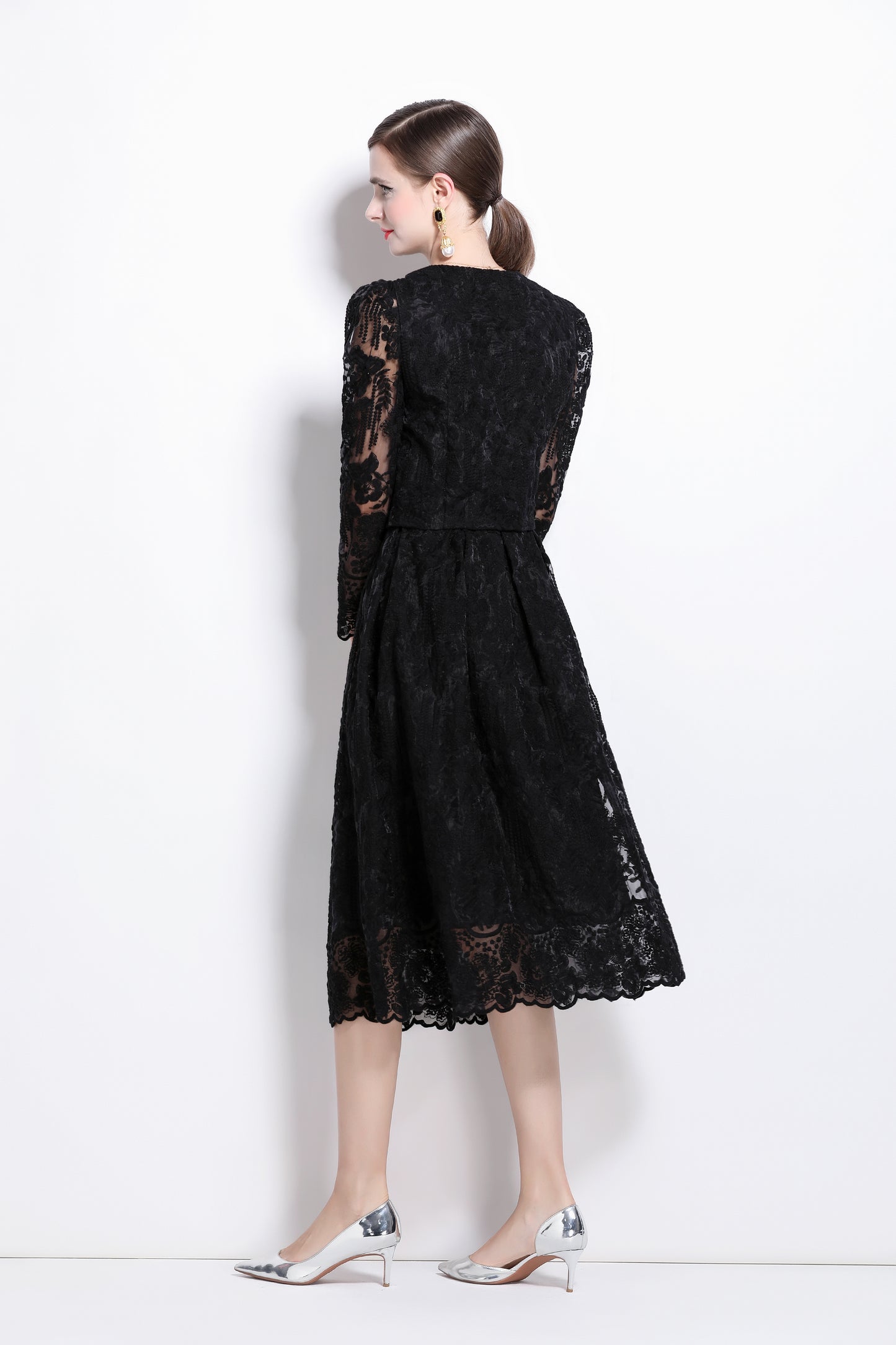 2 Pieces Chiffon Lace Button Midi Dress