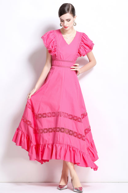 Women's V Neck Lace Ruffles Irregular Hem Maxi Dress