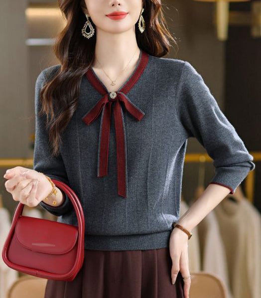 Vintage Bow Collar Knit Sweater Long Sleeve Pullover Top