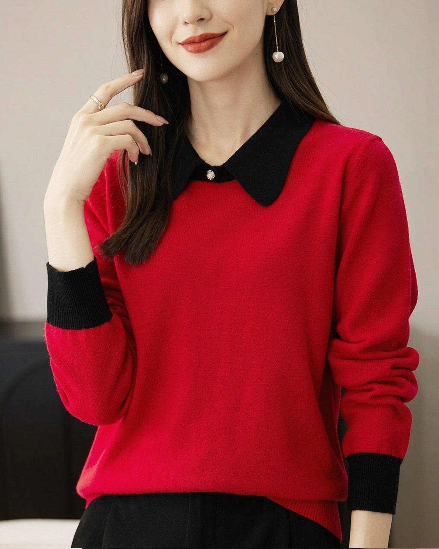 Contrast Collar Knit Sweater – Vintage Long Sleeve Pullover Top