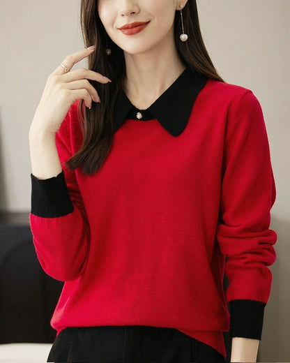 Contrast Collar Knit Sweater – Vintage Long Sleeve Pullover Top