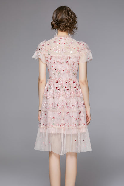 Pink Embroidered Tulle Mini Dress – Romantic Tiered Party Dress