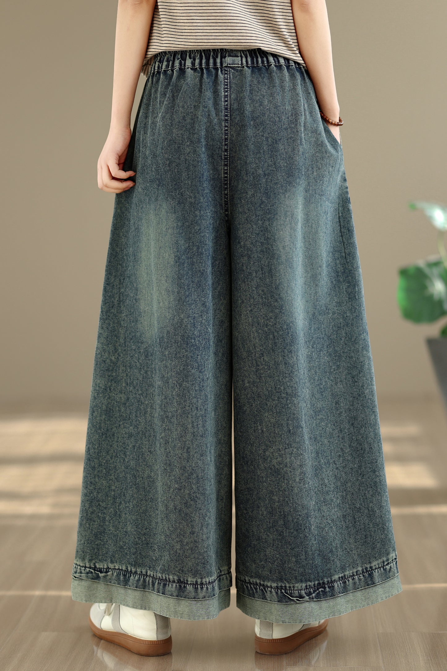 26-Women's Jeans Elastic Waist Baggy Wide Leg Denim - LAI MENG FIVE CATS