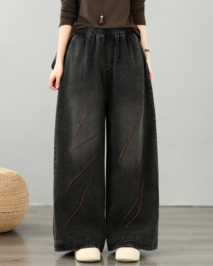 28668-Vintage Denim Wide-Leg Pants with Embroidery &Elastic Waist