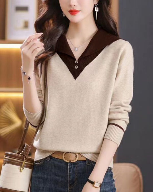 Chic Contrast Collar Knit Sweater - Elegant V-Neck Pullover