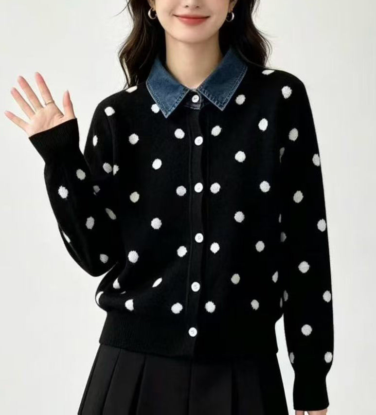 Polka Dot Knit Cardigan with Denim Collar
