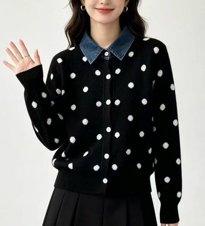 Polka Dot Knit Cardigan with Denim Collar