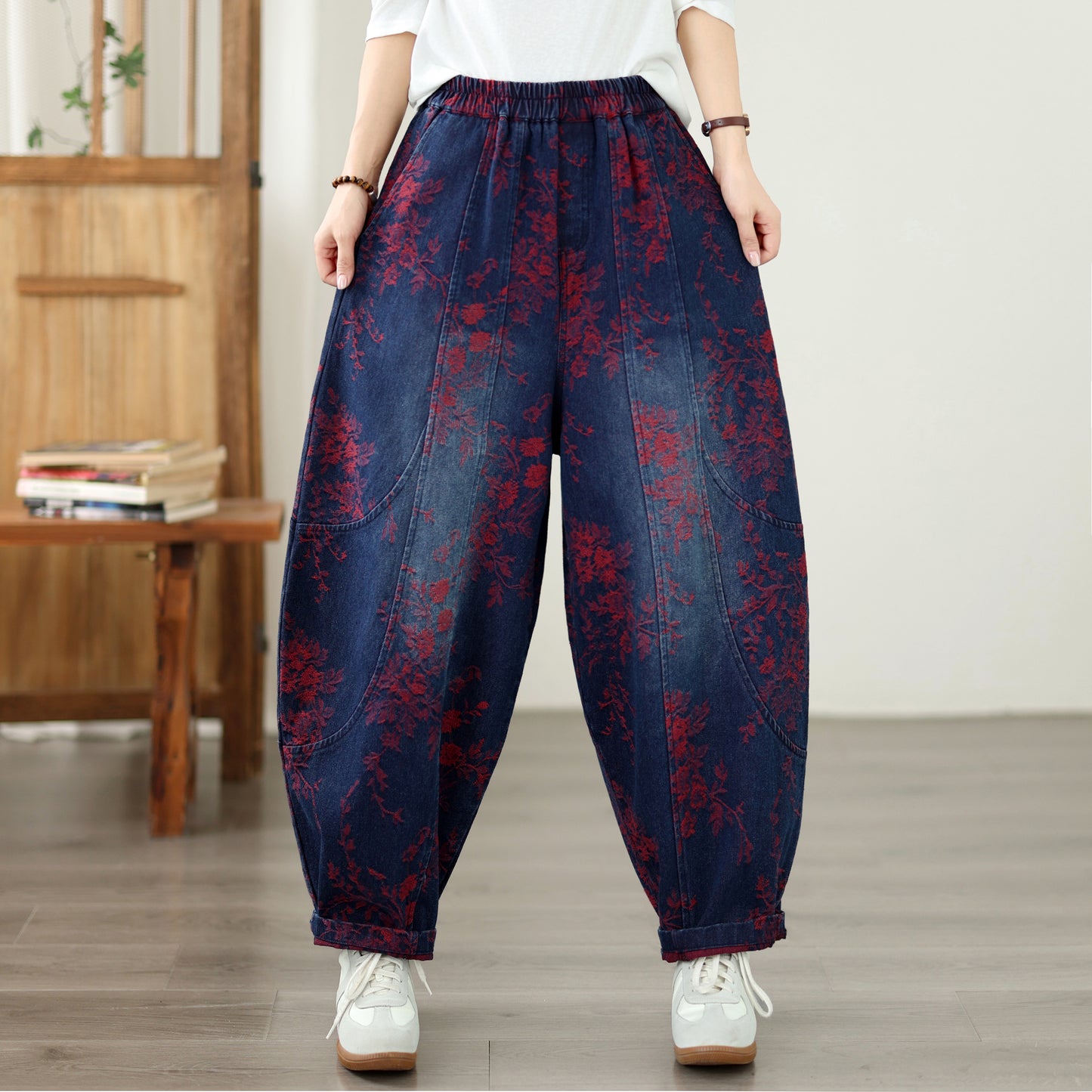 Vintage Print Denim Jeans for Women - High-Waisted, Loose-Fit Harem Pants