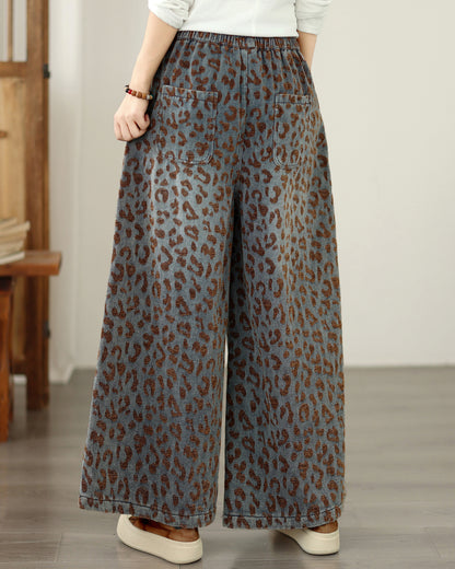 Vintage Leopard Print Denim Wide Leg Pants Casual Loose Jeans