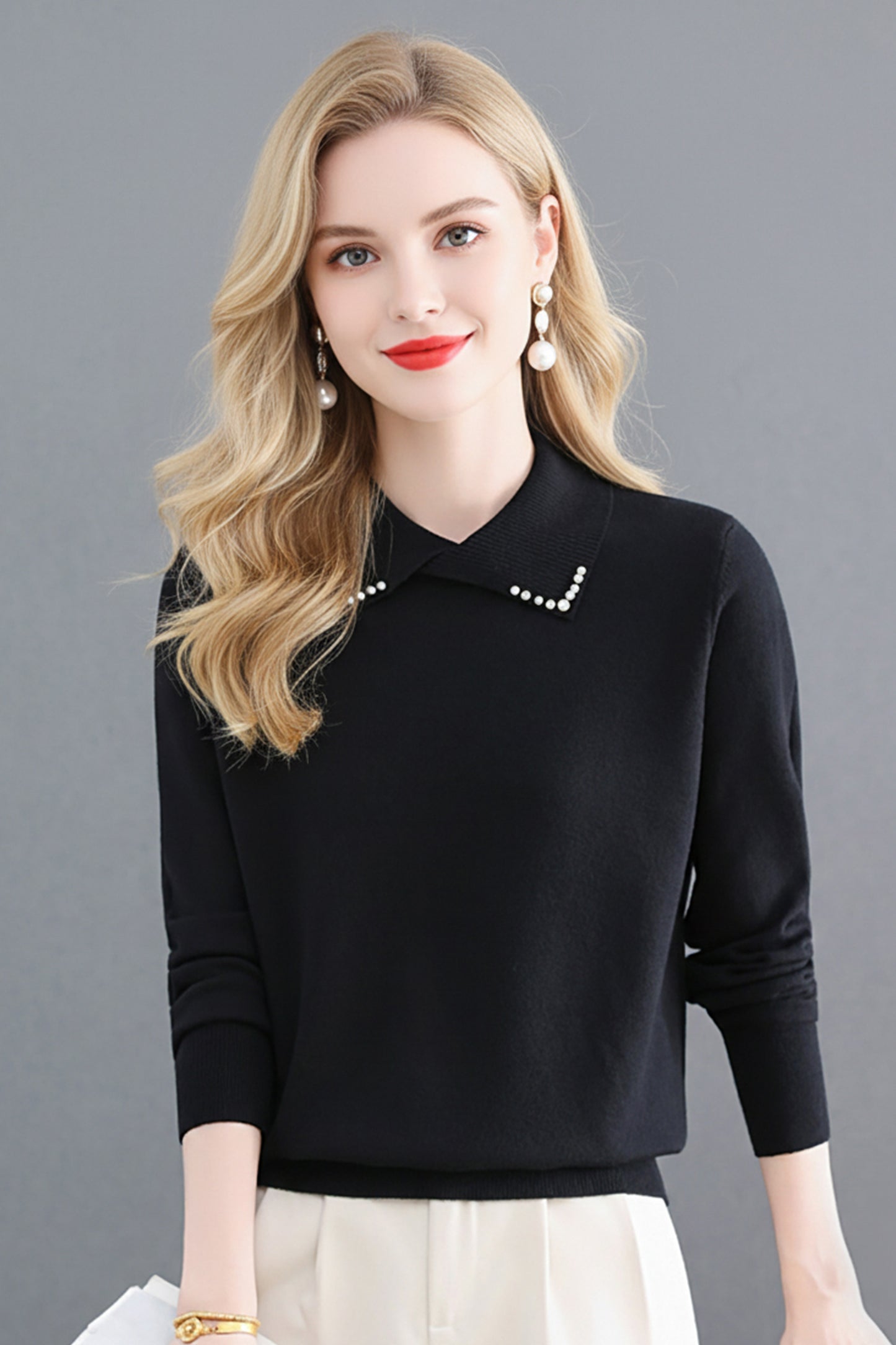 Women's Long Sleeve Sweater Lapel Collar Pullover Tops - LAI MENG FIVE CATS