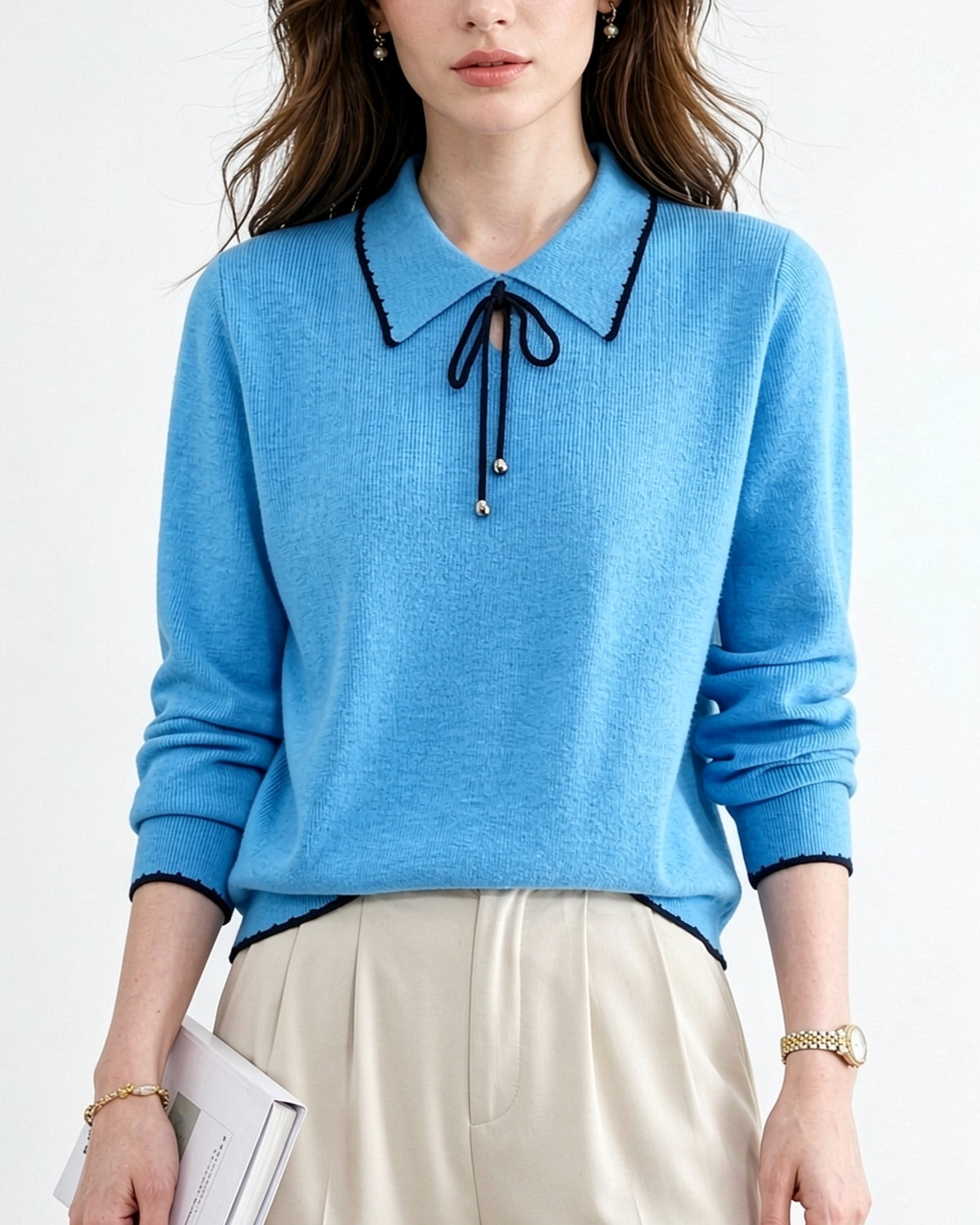 Contrast Trim Bow Collar Knit Top Long Sleeve Soft Sweater