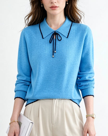 Contrast Trim Bow Collar Knit Top Long Sleeve Soft Sweater