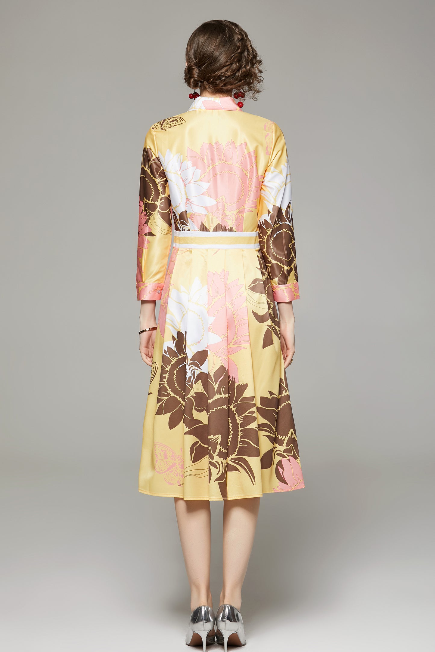 FSY-Women's Floral Print Button A-line Flowy Midi Dress