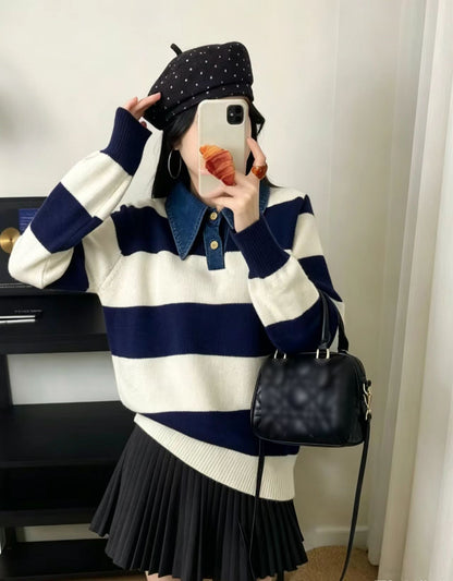 Striped Casual Knit Sweater with Denim Collar